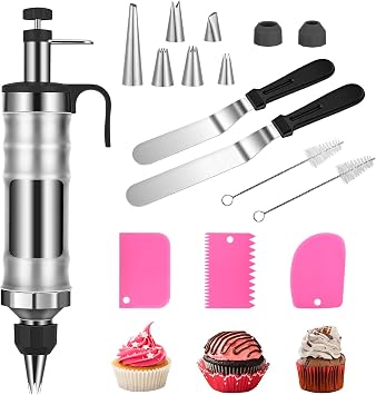 Icing Decoration Gun Set, Stainless Steel Dessert Decorating Syringe Set, Cupcake Frosting Filling Injector with 6 Icing Nozzles, 3 Cream Scraper, 2 Offset Spatula, 2 Nozzle Brush for Kitchen Baking