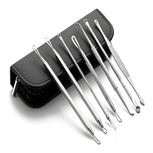 Kit 7 Curetas Extrator de Cravos e Espinhas Limpeza Pele Inox Com Estojo