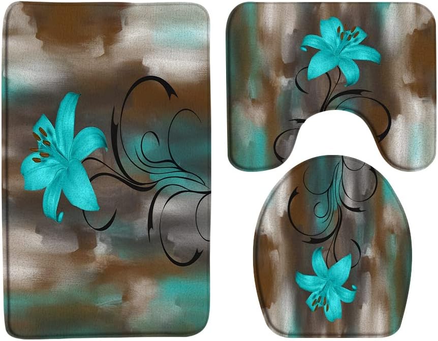 Sunhe 3 Piece Teal Flower Bath Mat Sets Brown Teal Abstract Art Blue Turquoise Lily Floral Modern Creative Rutsic Microfiber Memory Foam Bathroom Doormat Rugs,Toilet Seat Cover,U-Shaped Floor Mat