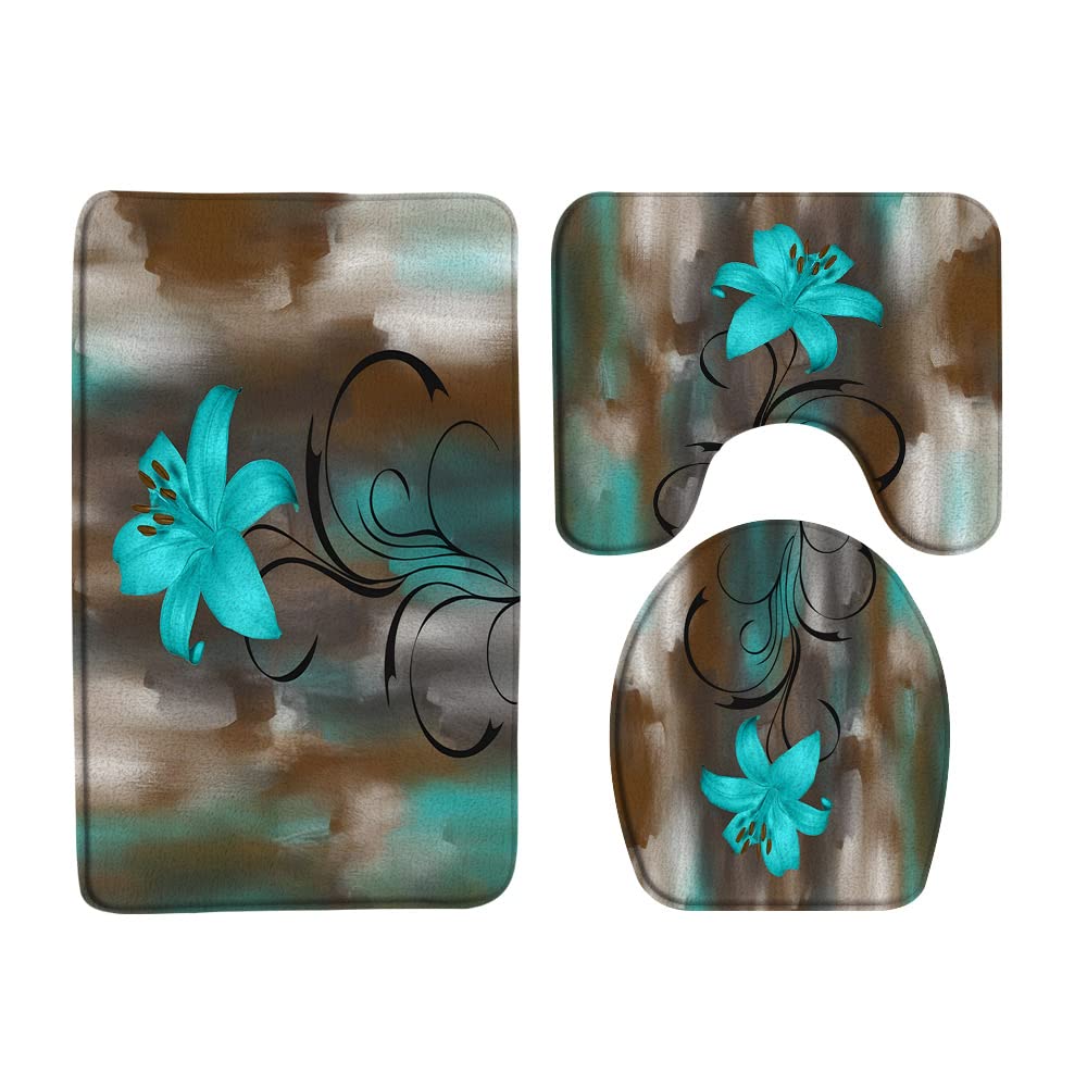Sunhe 3 Piece Teal Flower Bath Mat Sets Brown Teal Abstract Art Blue Turquoise Lily Floral Modern Creative Rutsic Microfiber Memory Foam Bathroom Doormat Rugs,Toilet Seat Cover,U-Shaped Floor Mat