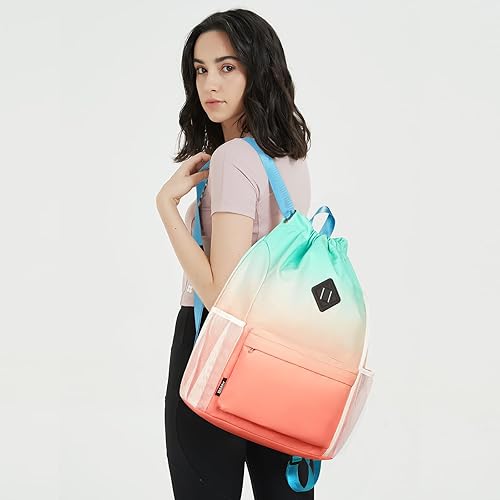 Miniatura 2 de WANDF Mochila deportiva con cordón y compartimento para zapatos, resistente al agua, para mujeres y hombres, Gradiente grande rojo-verde, Mochilas