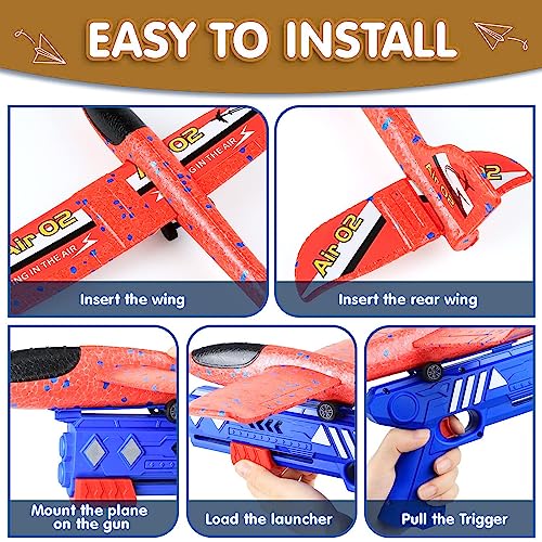 Flugzeug Spielzeug, Kinder Schaum Flugzeug Segelflugzeug, Styroporflieger Wurfgleiter Katapult Kinderspielzeug Pistole mit 4 Schaum Flieger,Outdoor Sport Spielzeug Geschenk für Jungen Mädchen (blue)