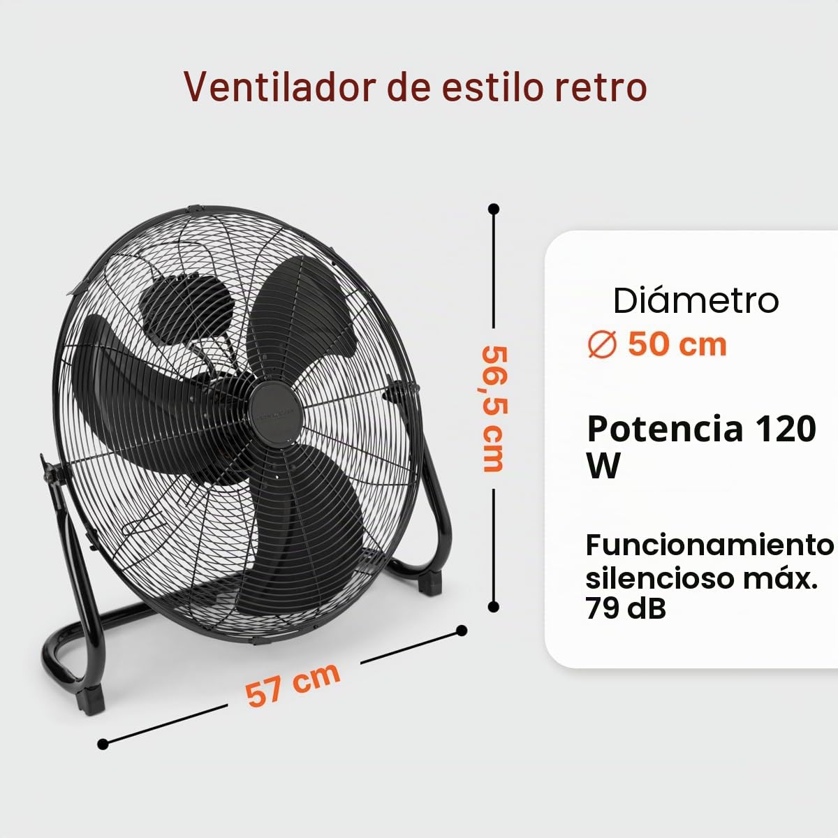 Proficare, Ventilador de Aire Diseño Retro Acero Inoxidable Negro 50 cm PC-VL3067WM, Ventilador Silencioso 120W, 3 Niveles de Velocidad, Ángulo de Inclinación Ajustable, Rejilla Metálica