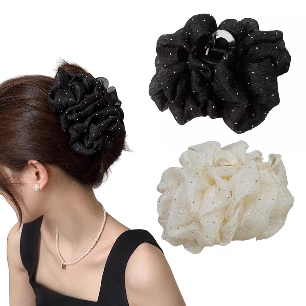 2Pcs Rhinestone Bow Cloud Bubble Hair Clips Chiffon Bubble Large Clips Styling Accessories for Thick Hair(Black+Champagne)