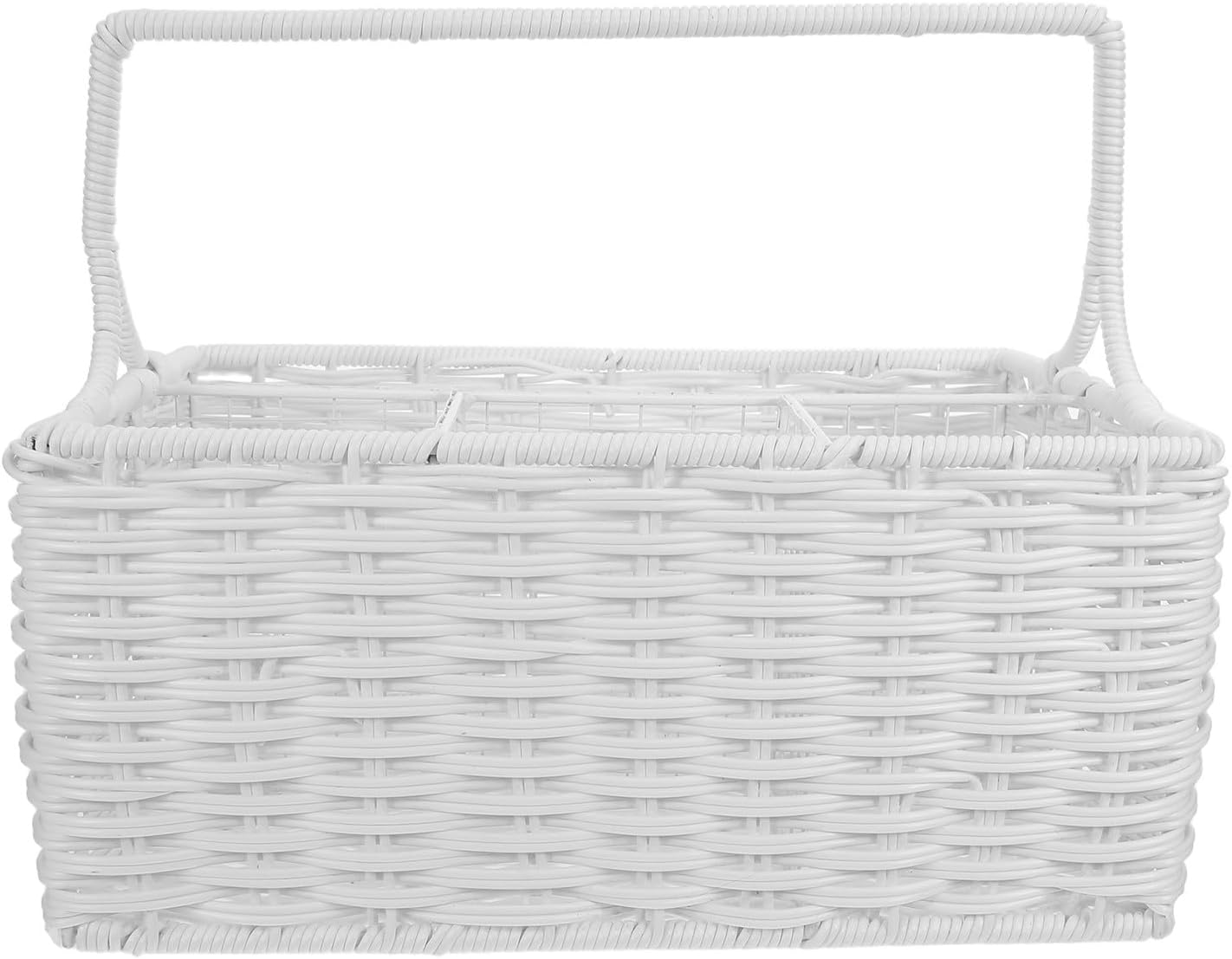 Small Picnic Basket: Handwoven Kitchen Utensil Basket with Multi Compartment Divider - Simulation Rattan Organizer for Chopsticks Forks Spoons