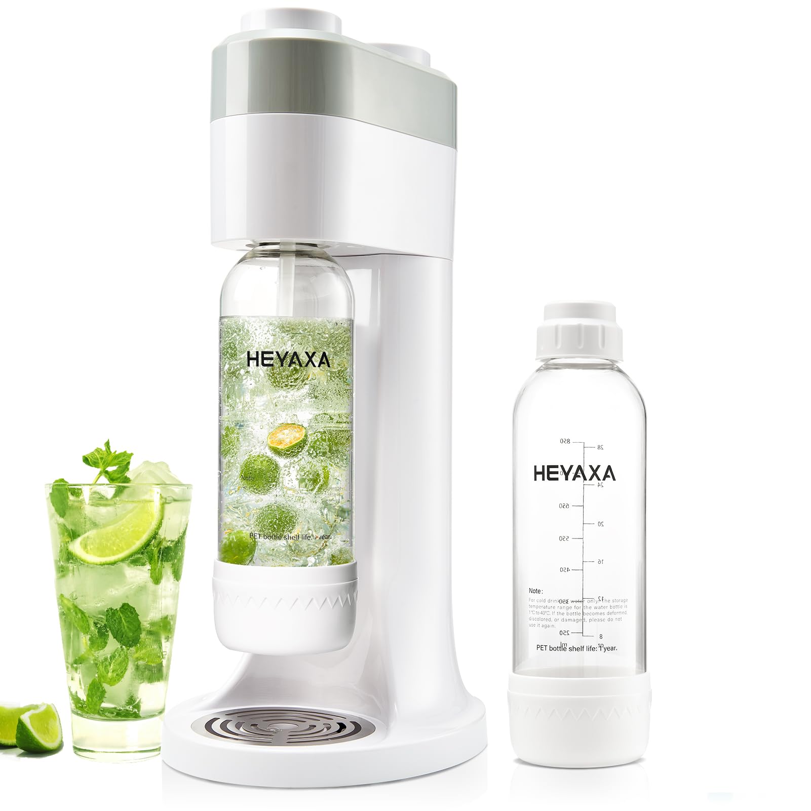 HEYAXA Sparkling Water Maker, Soda Maker Machine for Quickly Creating Refreshing Soda, Includes 2x BPA-Free 1L Carbonation Bottle, Compatible with 60L CO2 Carbonator (White, 1 L)