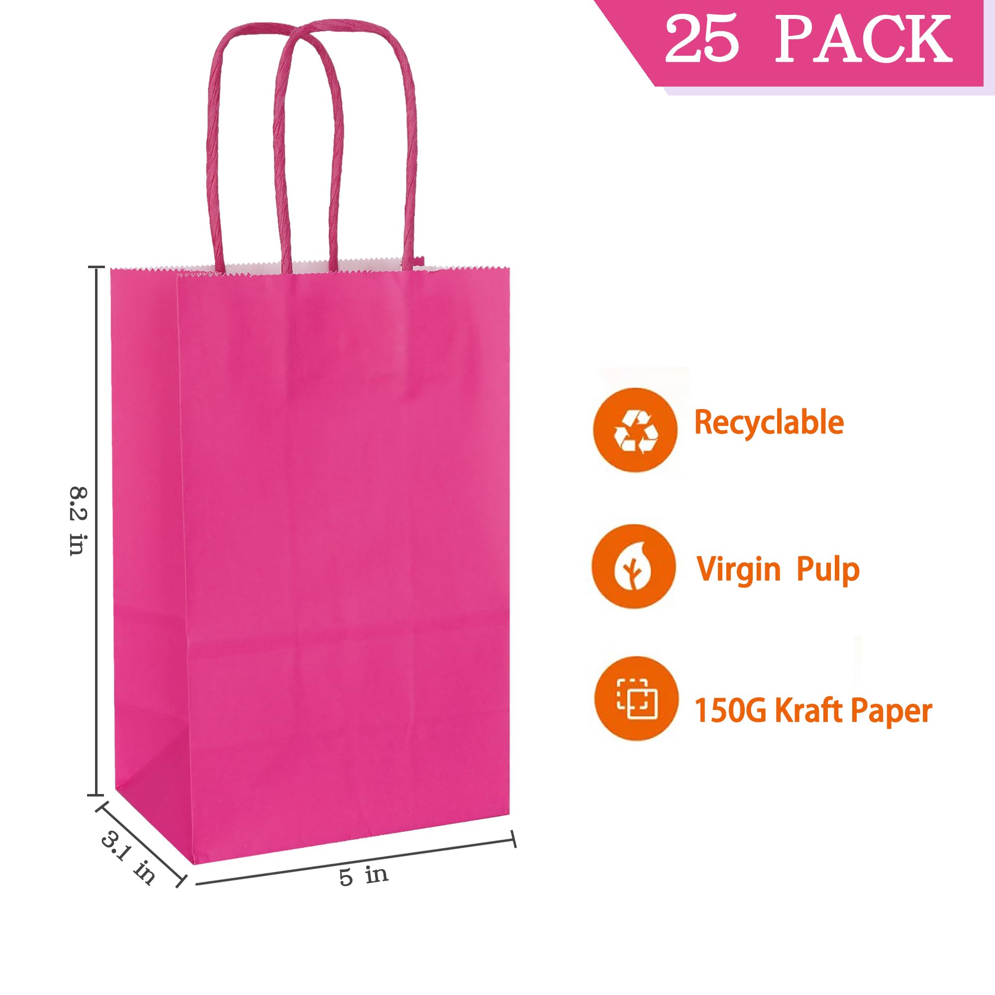 AZOWA Hot Pink Gift Bags Small Kraft Paper Bags with Handles (21 x 13 x 8 CM, Magenta, 25 Pcs), S (Pack of 25) - Image 2