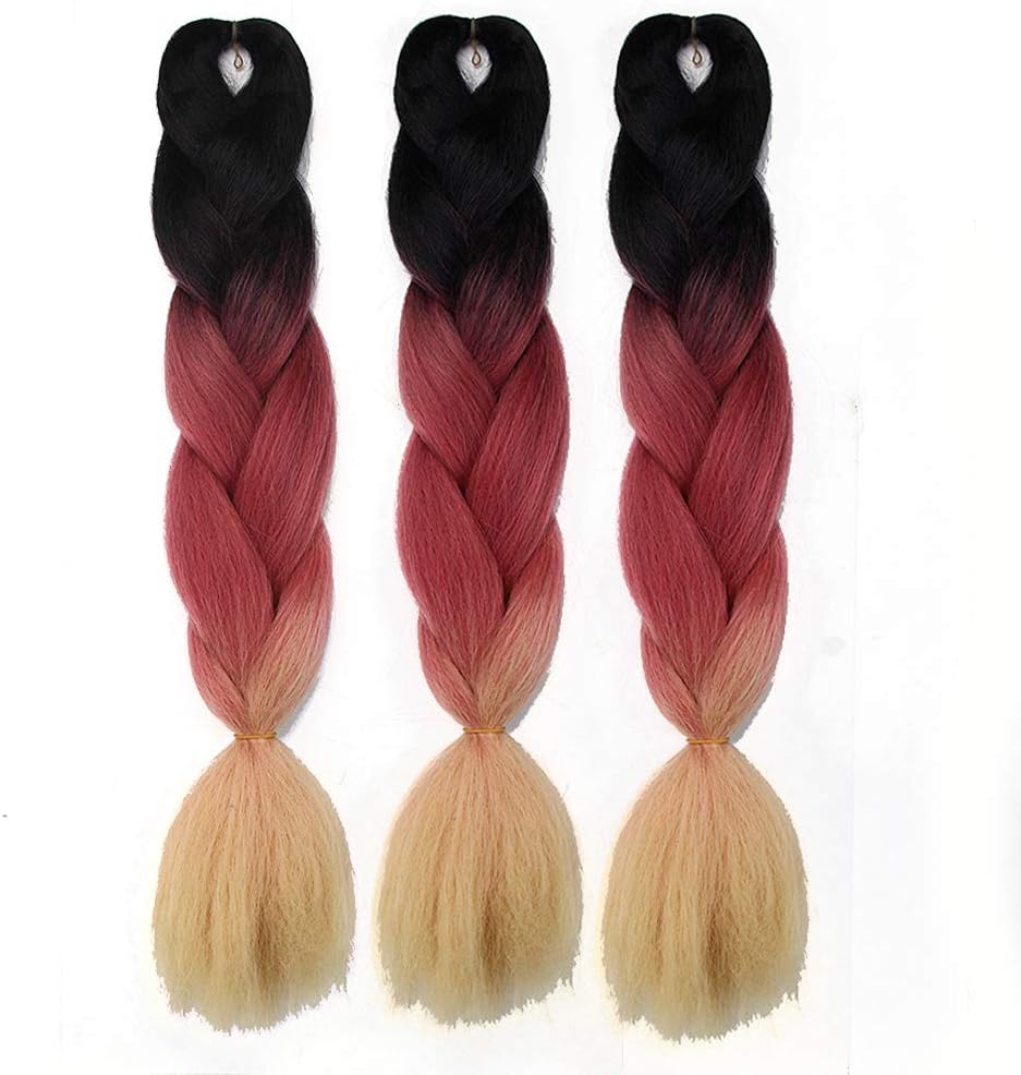 Braiding Hair Kanekalon Synthetic Ombre Jumbo Braiding hair Extensions High Temperature Fiber Crochet Twist Braids(24 inch 3packs, Black/Pink/Blonde)