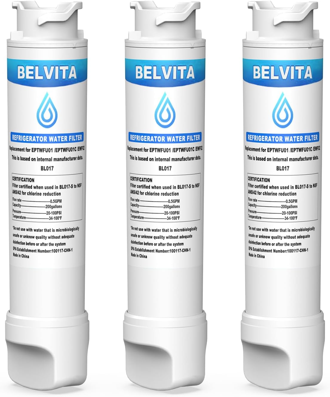 BELVITA Refrigerator Water Filter Compatible with Fri9idaire EPTWFU01, EWF02, Pure Source U1tra 11, Pack of 3