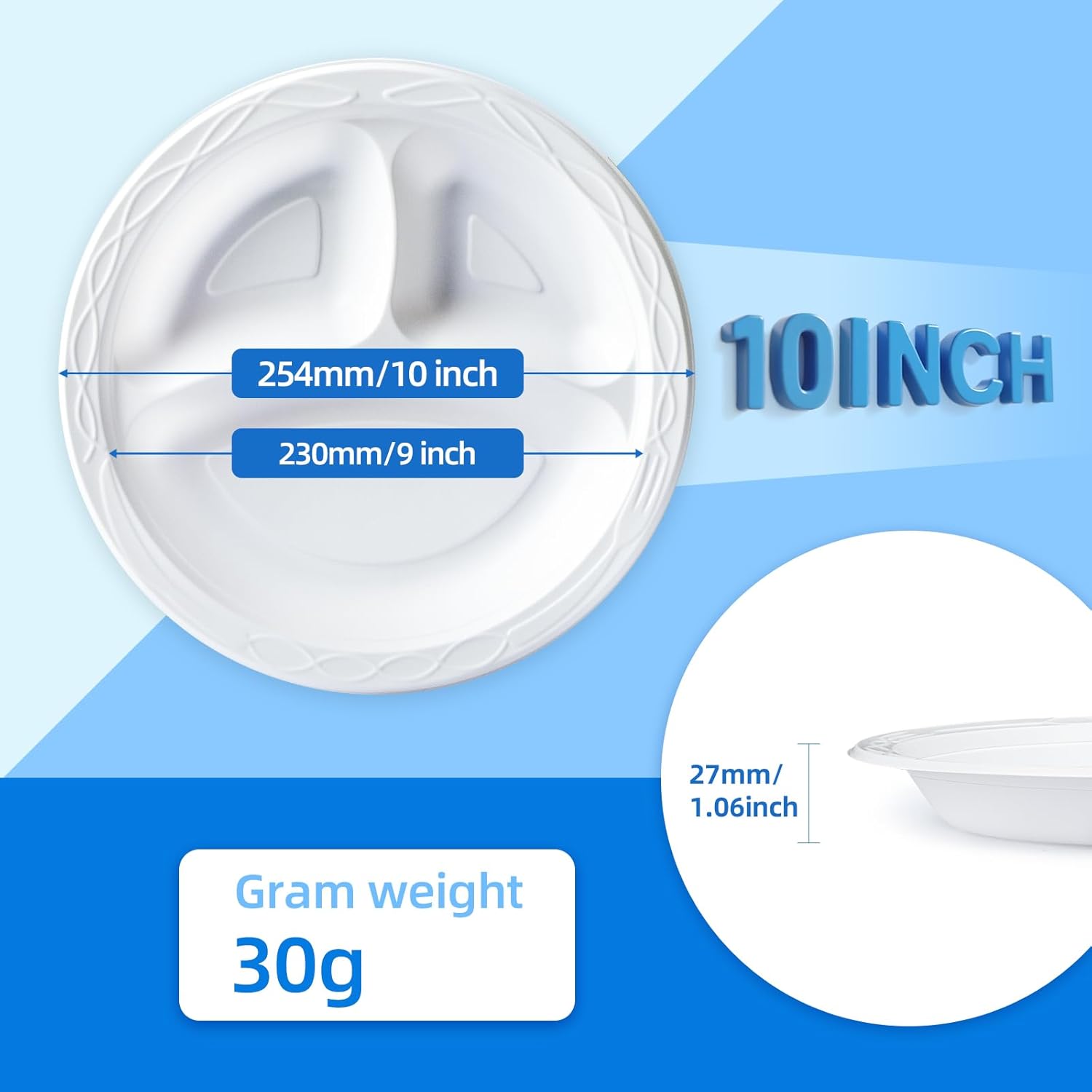 YANGRUI Party Plates Mineral Filled PP 10" 150 Pack - Shrink Wrap Commercial White BPA Free Plastic Plate | Reusable & Disposable Dishwasher & Microwave Safe | Heavy Duty 3 Compartment Dinner Trays