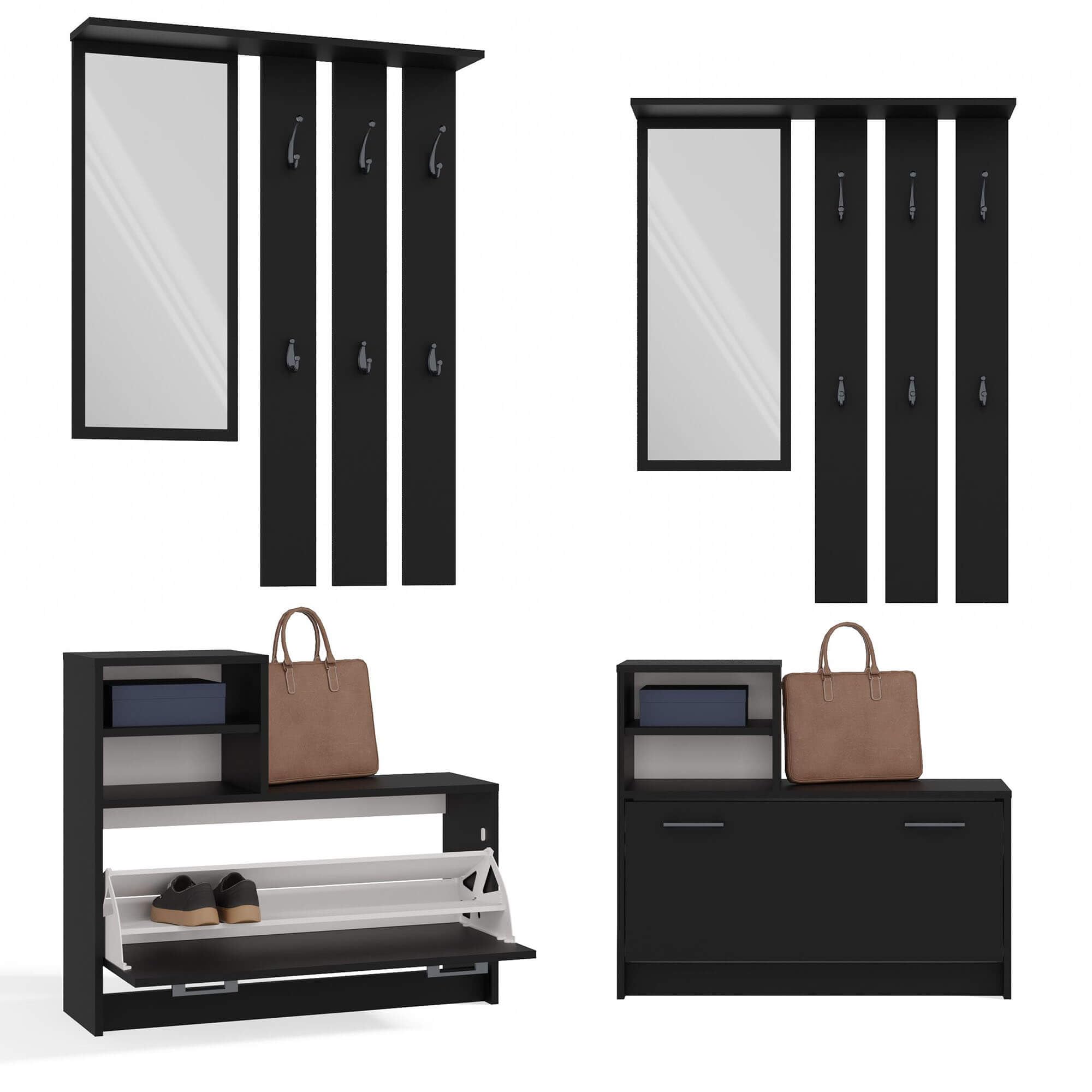 Garderobenset Für Den Eingang 100x38x190 Cm - Mit Spiegel Und Kleiderhaken Mit Schuhschrank Und Schuhbank Natur Schwarz