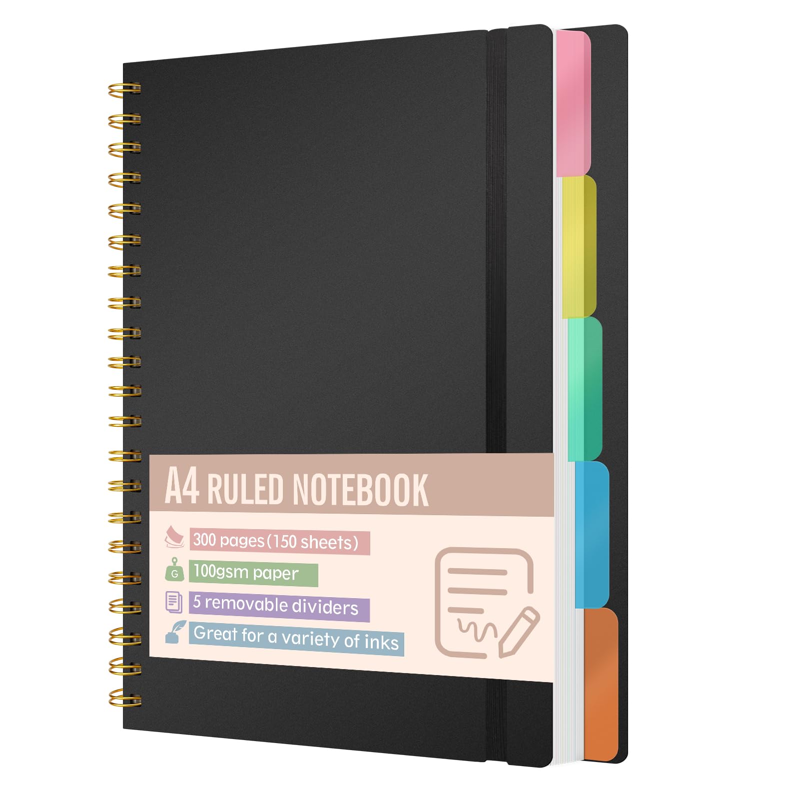 Xnegau A4 Lined Notebook with 5 Removable Dividers, 300 Pages 100gsm Thick Paper, Hard Cover Spiral Bound Notebook with Tabs for School, Office, University and Planning