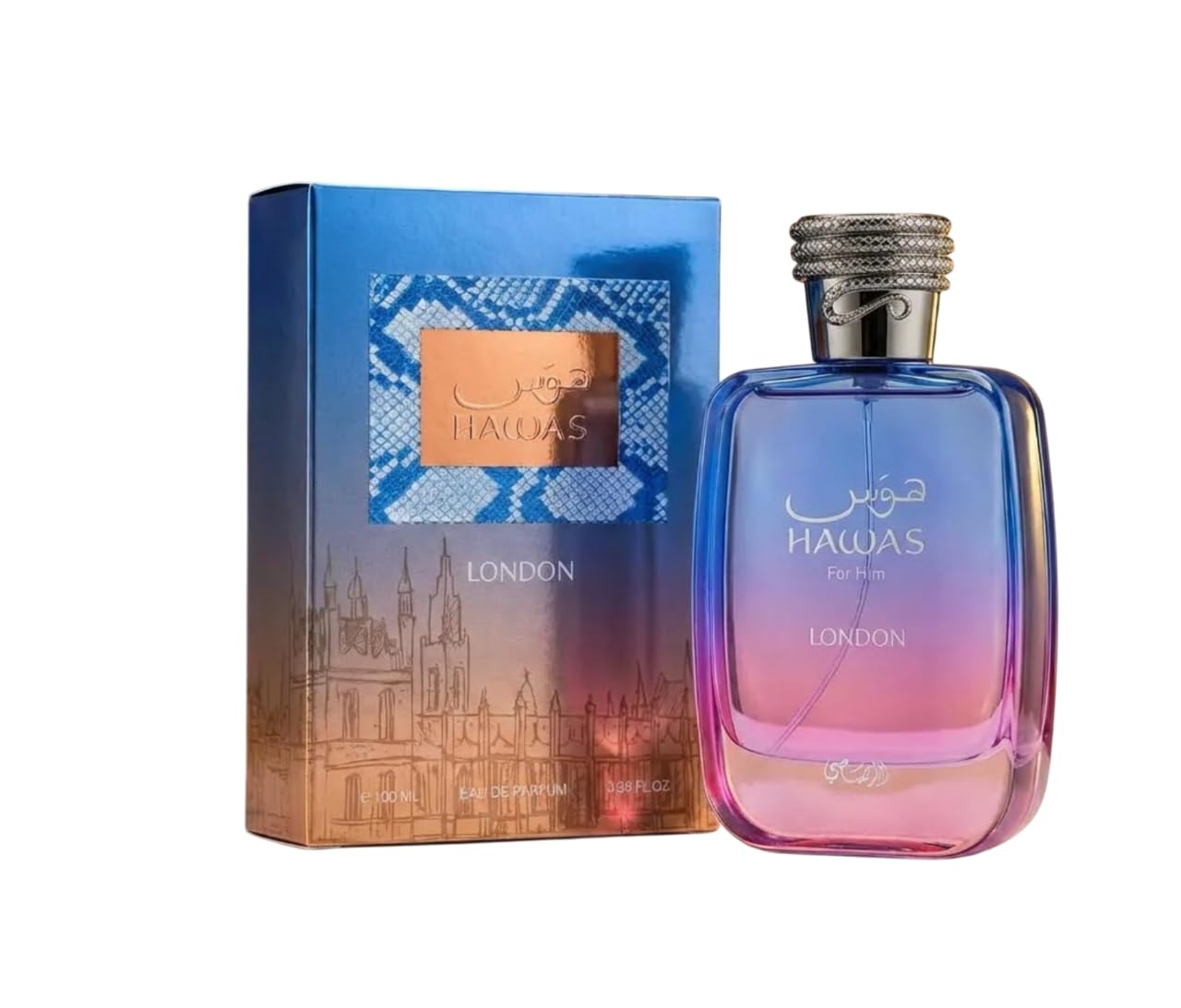 Rasasi Hawas London Eau de Parfum 100ml, Perfume Árabe Unisex de Larga Duración, Incluye Atomizador Recargable, Fragancia Oriental con Notas de Azafrán, Incienso, Pera y Maderas Rubias (Hawas London)