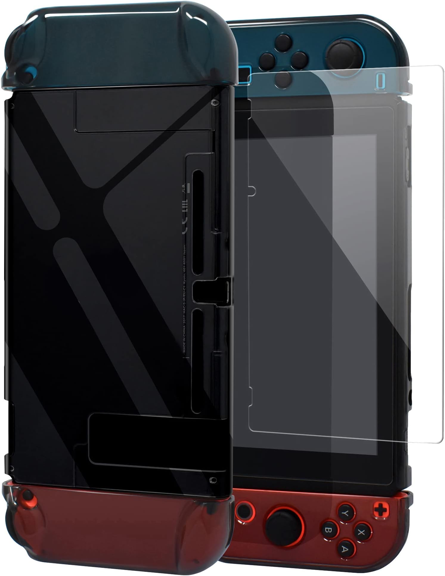 Dockable Protective Cover Case with Screen Protector Compatible with Nintendo Switch, YUANHOT Switch Hard Shell Case and Thumb Grip Caps Accessories, Crystal Plastic Case Protector - Black