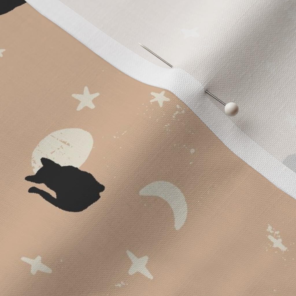 Spoonflower Fabric - Black Cat Whimsical Halloween Bohemian Celestial Lovers Stars and Moon Printed on Petal Cotton Fabric Fat Quarter - Sewing Quilting Apparel Crafts Decor