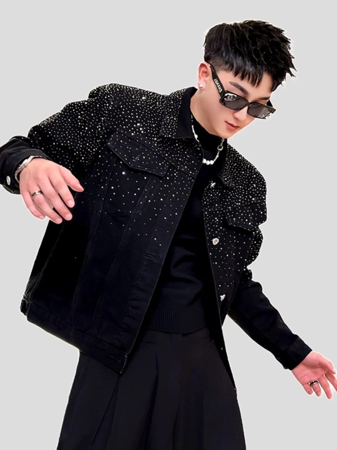 Rhinestone Denim Jacket Men, Retro Coat, Loose Fit Spring Casual