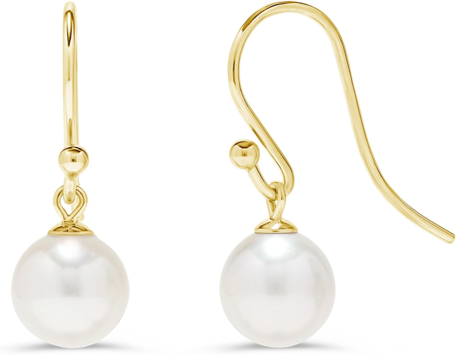 14K White and Yellow Gold AAA 7-7.5mm Round White Akoya Pearl Wire Hook Dangle Style Hook Drop Earrings