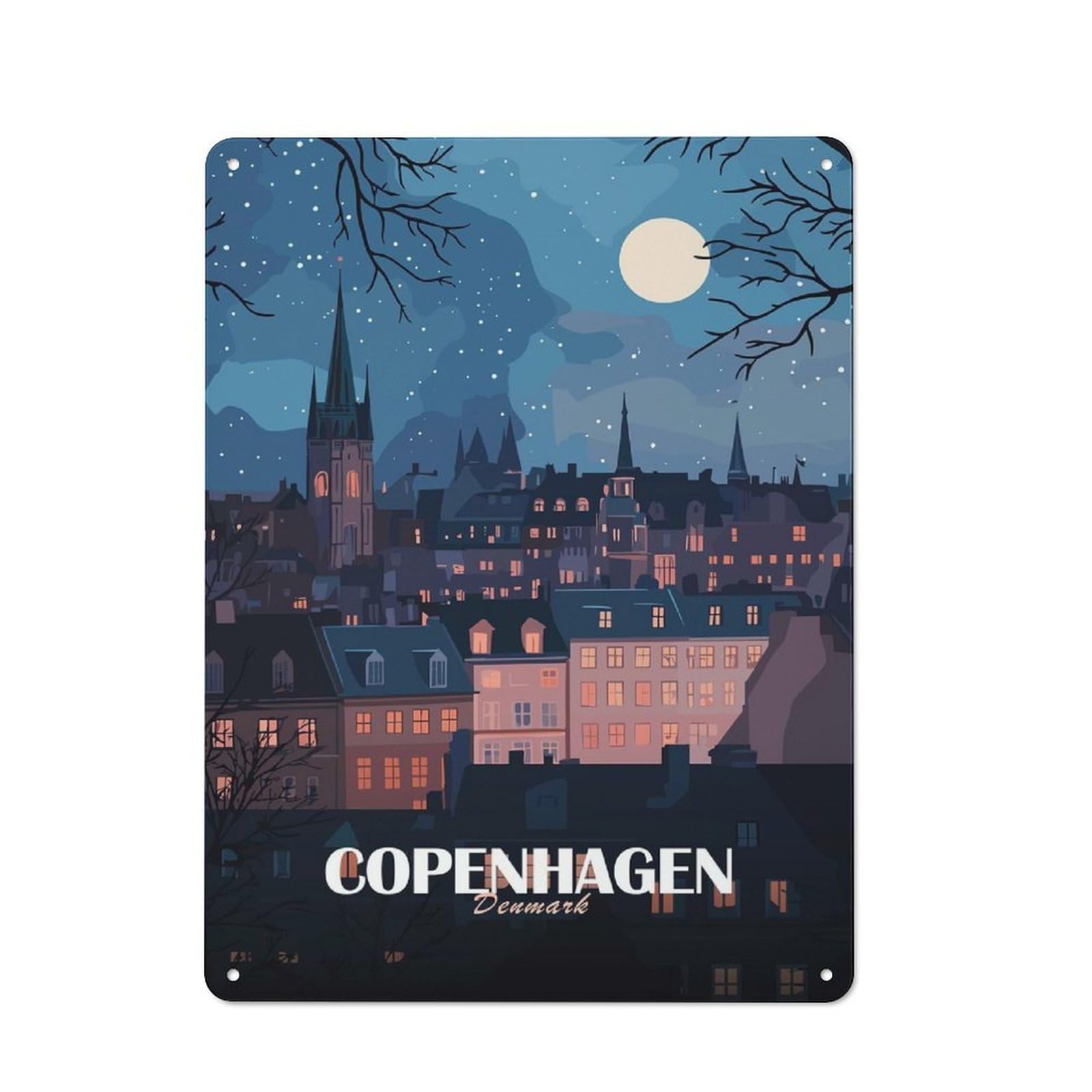 Junmoney Style-4 Tin Wall Plaque 40X30cm With Copenhagen, Denmark At Night For Workshop Wall, Housewarming Wall Decor For People Furnishing Workshop