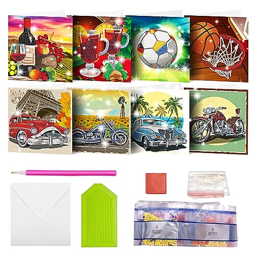 MEDOYOH 8PCS DIY Diamond Painting Greeting Card with Envelopes, Diamond Painting Blank Art Cards for Birthday Mother's Day Christmas Anniversary Thanksgiving, Car and Ball 18