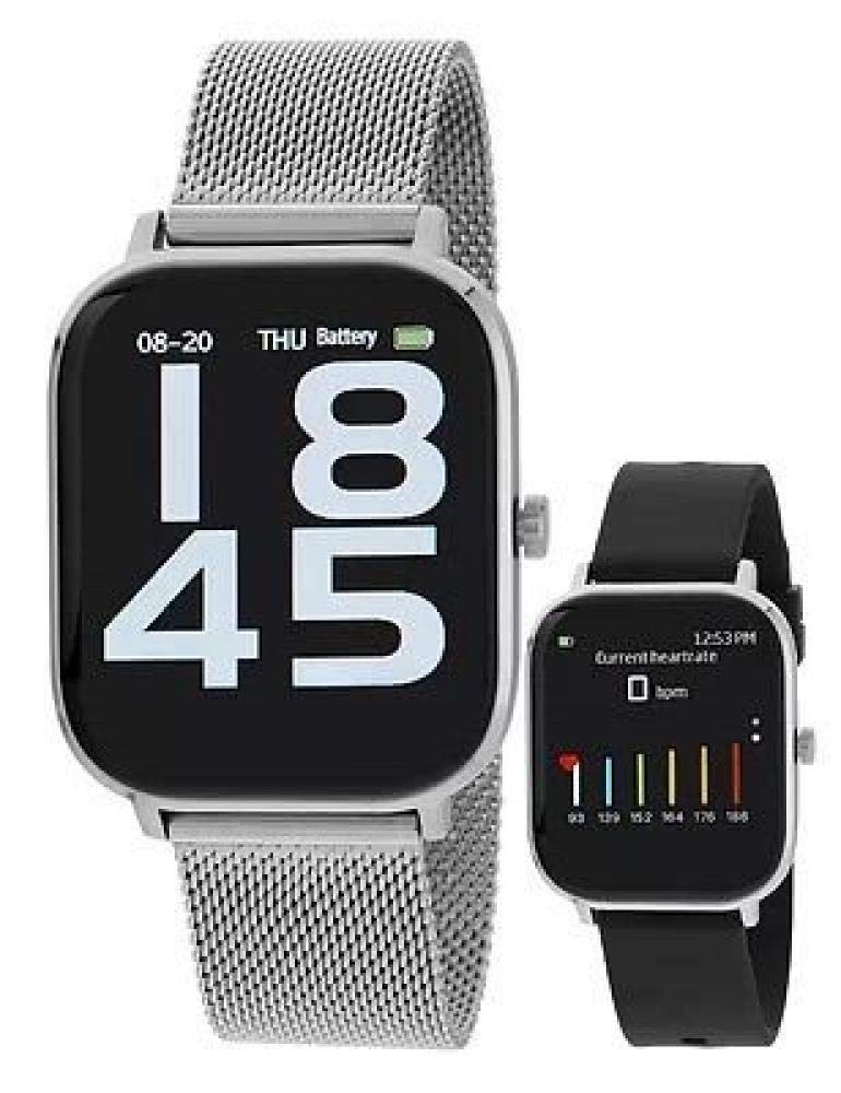 Marea B58006/5 Smartwatch with silver mesh strap and a smaller view of the watch with a black silicone strap, displaying time and heart rate monitor.