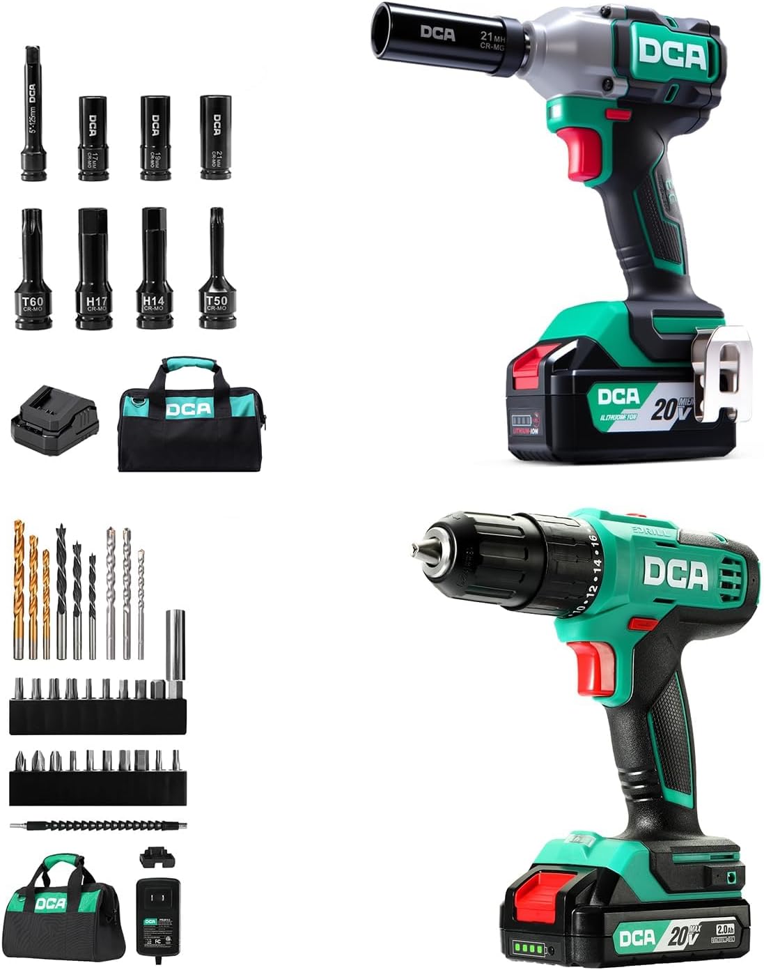 DCA Cordless Hammer Drill 354 in-lb，1/2“ keyless chuck and Brushless Impact Wrench 235 ft-lb 4 mode