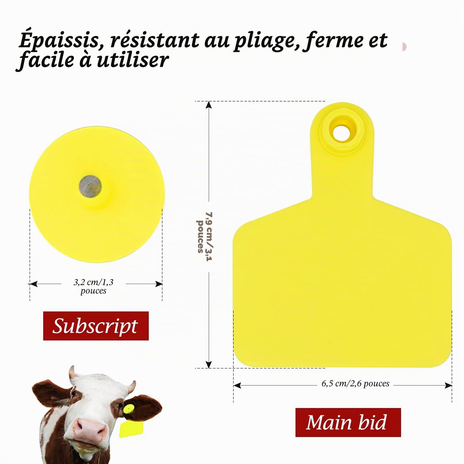 Lot de 100 étiquettes d'oreilles vierges pour bétail - Jaunes - 7,9 cm x 6,1 cm - Étiquettes d'identification numérotées en TPU pour animaux et élevage