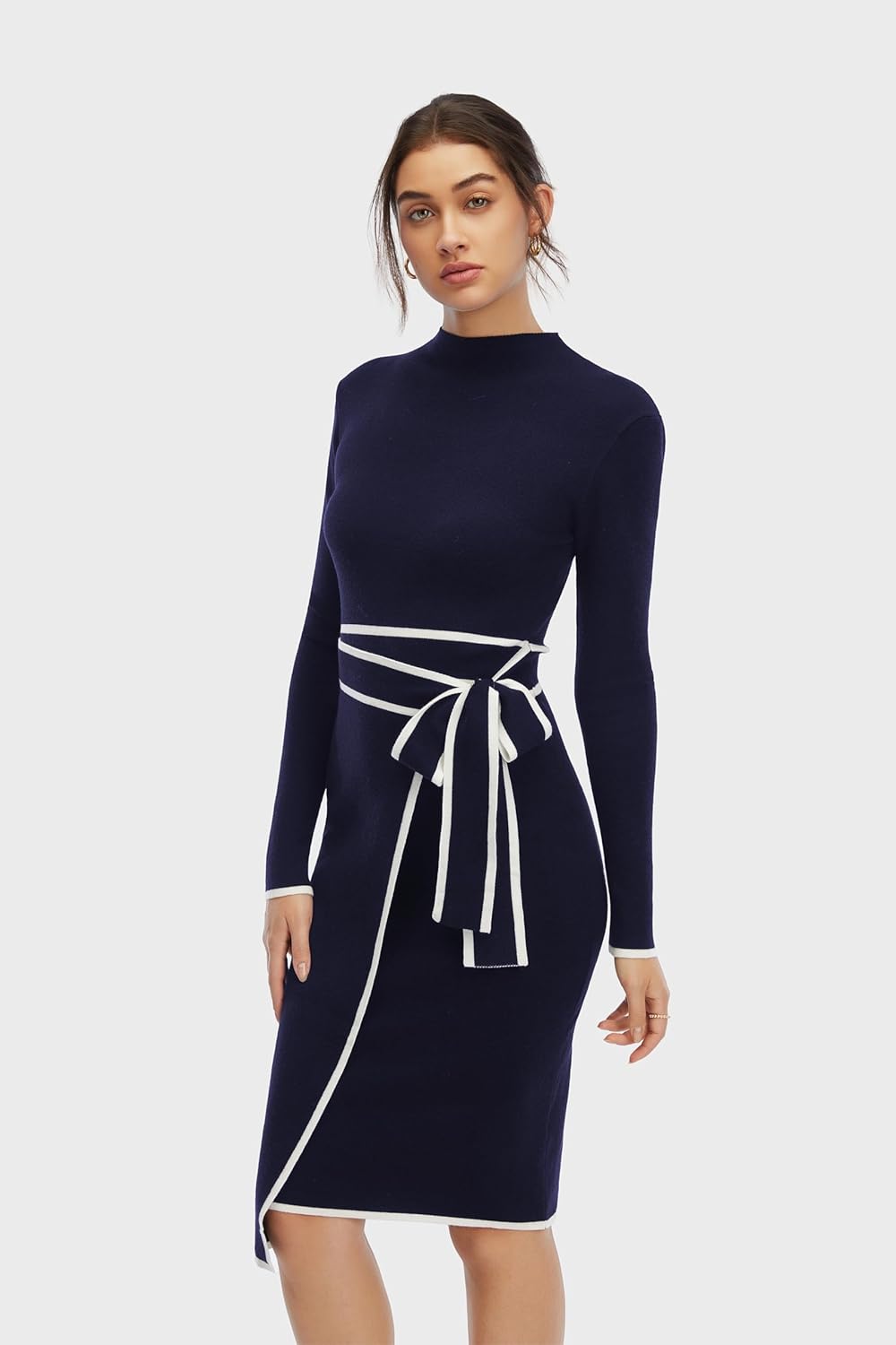 Long Sleeve Sweater Dress for Women Turtle Neck Bow Dresses for Women Bodycon Work Midi Dresses Old Money Fall Winter - Image 5