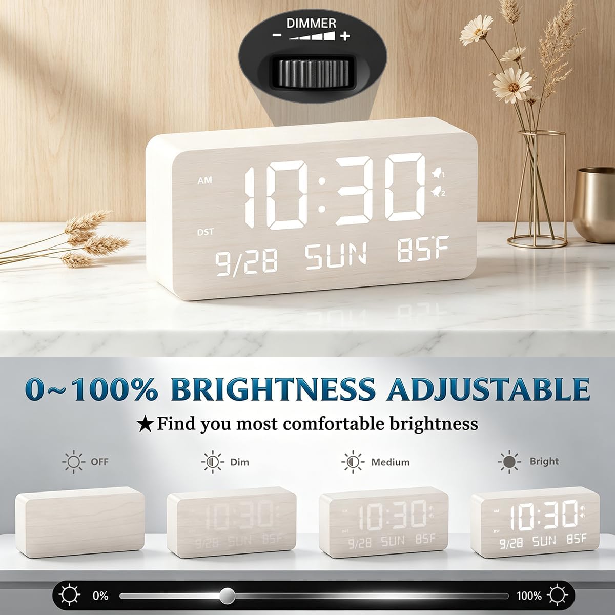 Wooden Digital Alarm Clock for Bedroom Desk Clock with Date, Day of Week, Temperature, Dual Alarms, Dimmer, USB Port Charge, DST, Adjustable Volume for Living Room/Office Wood Decor (White)