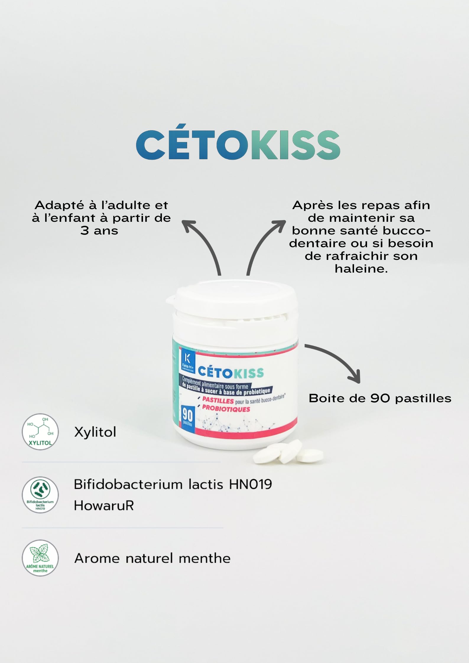 CETOKISS® Probiotique Bucco-Dentaire Menthe | 1 Milliard UFC HOWARU® | Haleine Fraîche & Gencives Saines | Sans Sucre | 90 Pastilles - Cure 3 Mois | Équilibre de la Flore et du Microbiote Buccal
