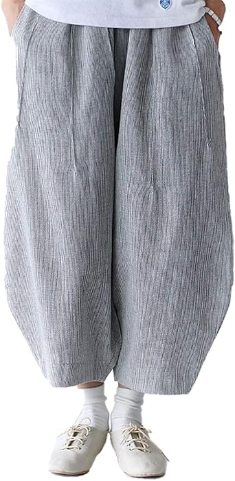 Amazon サンポ Sanpo Cawaii ストライプ パンツ レディース カジュアル ナチュラル ズボン クロップド丈 グレー コットン 綿 春夏 Free ロングパンツ 通販