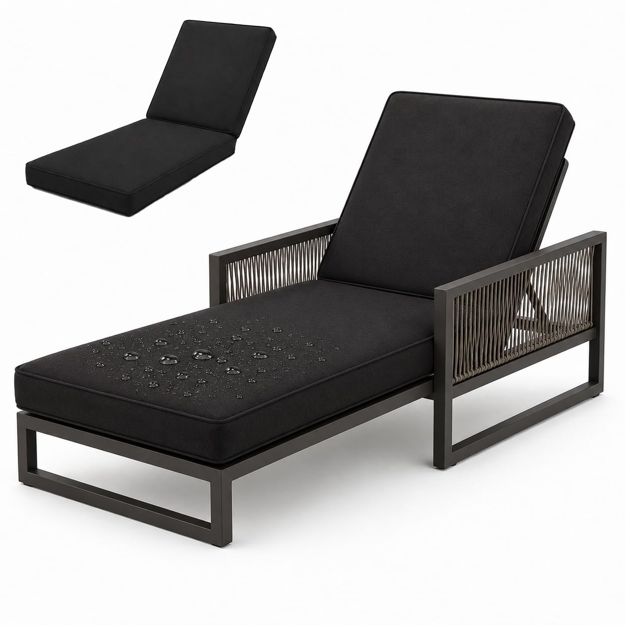 AZMAHT Sunlounger Cushions Only, Waterproof Thick Padded Sun Lounger Cushion for Garden Rattan Chairs, 50D Foam Recliner Replacement Pad with 6 Ties & Piping,Black,178x59x10cm