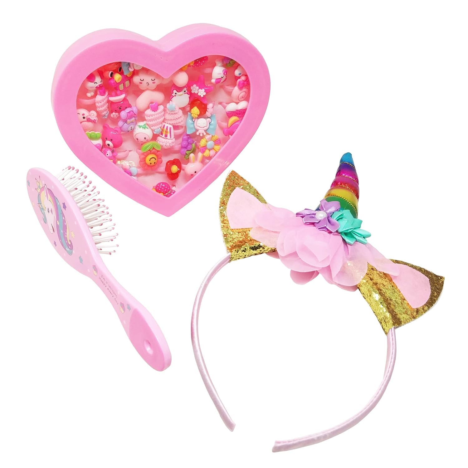 4AJ BAZAARCute Unicorn Theme Combo Pack of 3 Items 1 Finger Rings Box(36Rings), 1 Unicorn Comb, and 1 Unicorn Hairband for Girl Kids