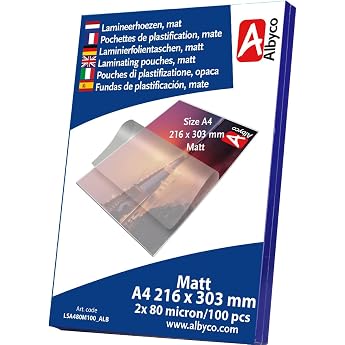 Albyco Laminating Pouches Laminating Pouches A4 Format 216 x 303 mm Thickness 2 x 80 160 Microns Matt Pack of 100 Transparent