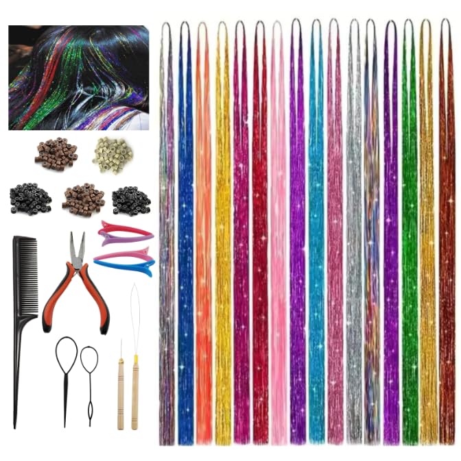 soitzhoc 16-Farben 48 Zoll Glitzerpulver Haarschmuck-SetGlitzerpulver mit Werkzeugen haar lamettaFarbenfroh glitzer haarsträhnen Party-Accessoires für Frauen und Mädchenhair tinsel