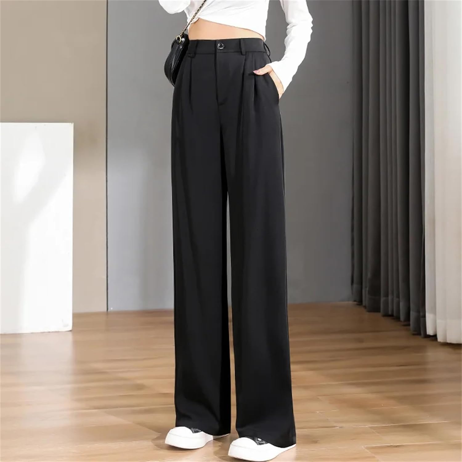 Women's Spring High Waist Slimming Straight Leg Wide Leg Pants Fashion and Versatile Loose Hanging Floor Trousers