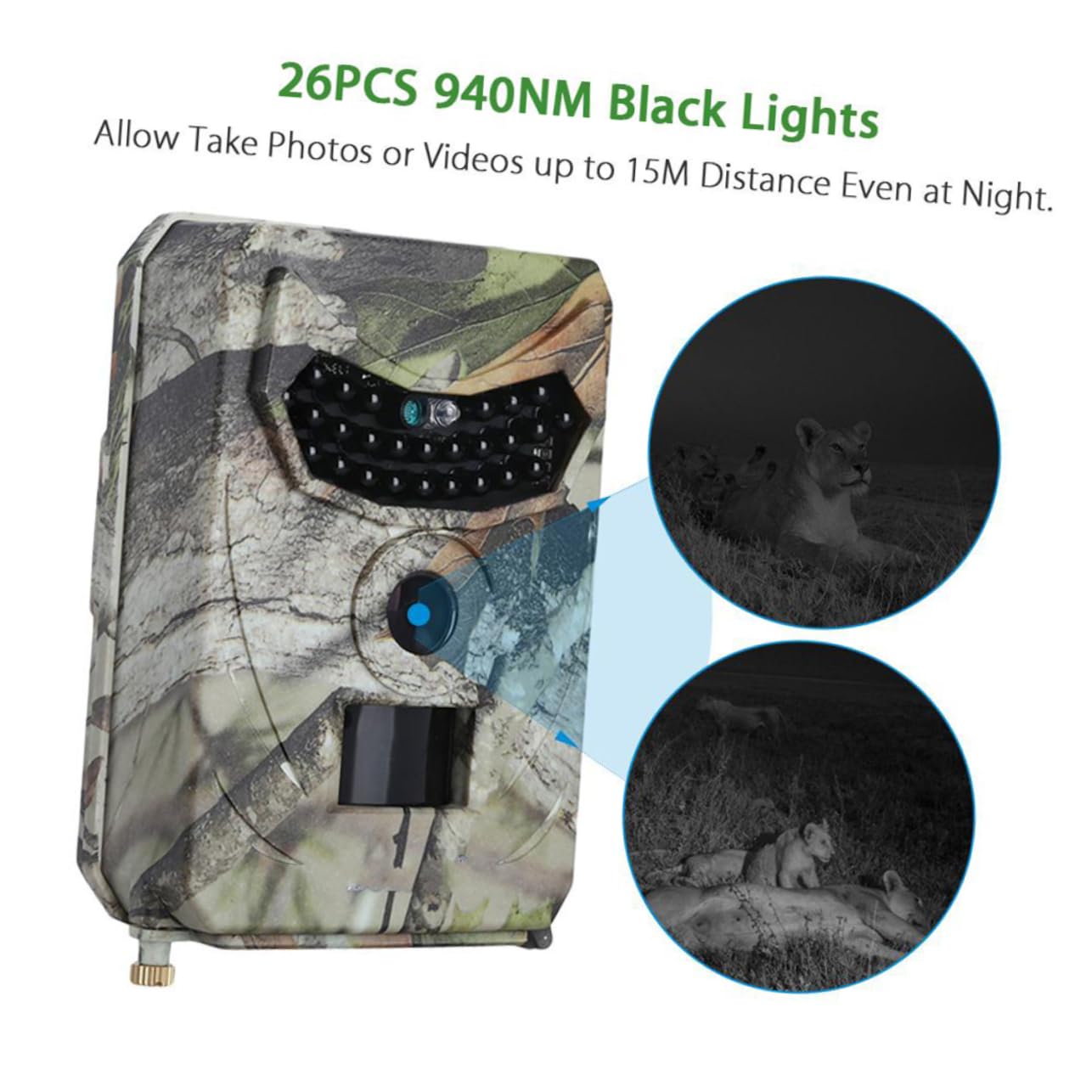 Hemobllo Caméra de Chasse Détection de Mouvement Étanche Ip56 26 LED Infrarouges 1080p Plastique Solide Surveillance Sécurité en Extérieur