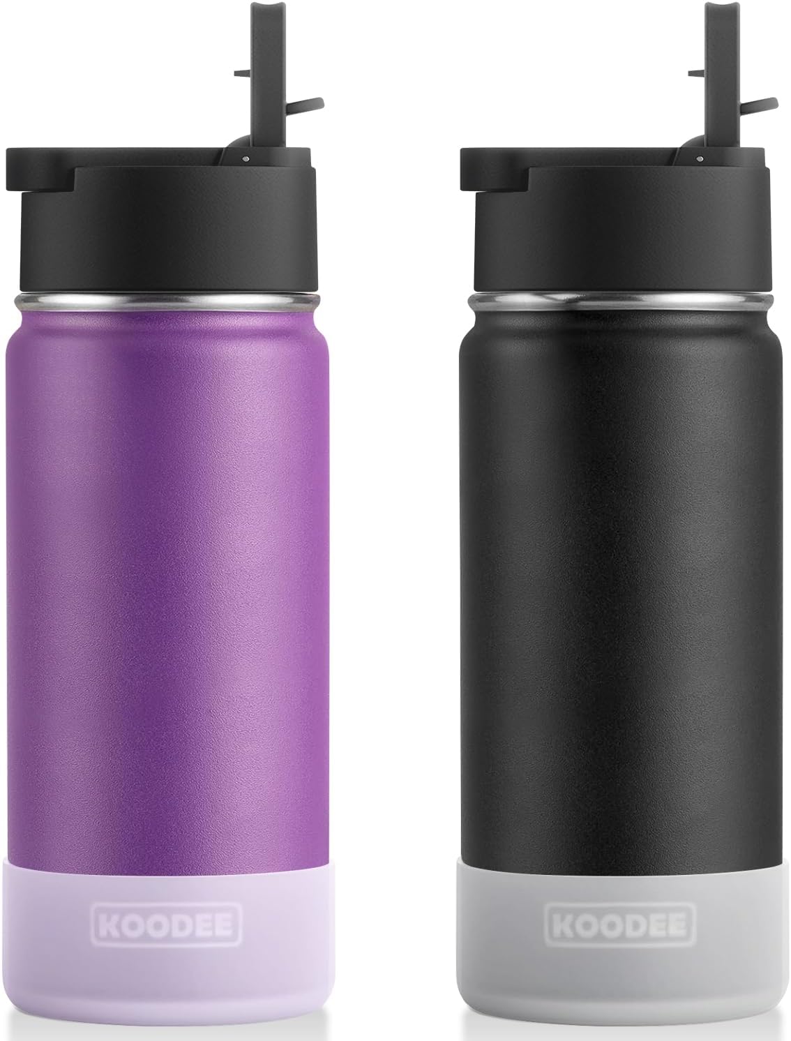 koodee 16 oz Stainless Steel Double Wall Vacuum Insulated Water Bottle with Straw 2 Pack Wide Mouth Sports Water Bottle for School (Purple-Black)