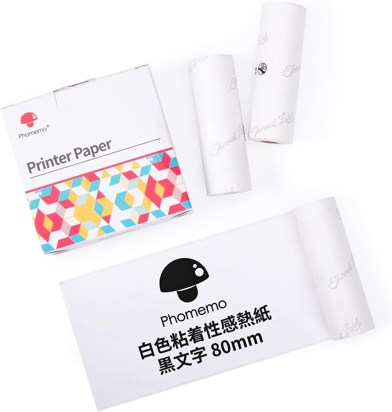 Phomemo Adhesive Thermal Paper 80mm Wide Black Letters 3 Rolls Each Roll Length is 3.5m Storage 2 Years, Compatible with Phomemo M03/M04AS Portable Thermal Printers, Use for Notebooks, Lists, Photos,