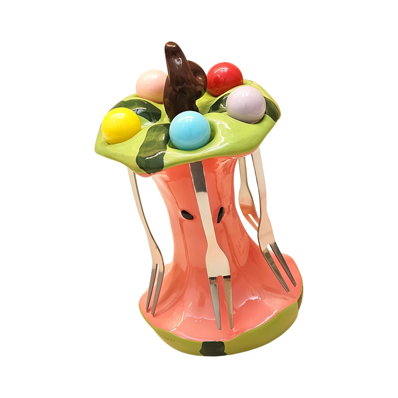 Qusinfc Ceramic Watermelon Bowl Set with 5 Stainless Steel Forks for Fruit Salad Candy Snacks Party Serving Decorative Tray
