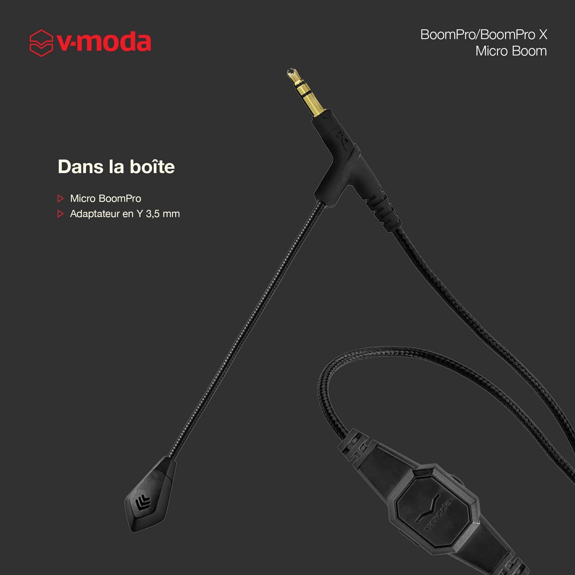 V-Moda Micro BoomPro pour Gaming & Communications | Filaire - Jack 3,5 mm | Perchette Flexible | Contrôleur clipsable avec Bouton Mute & molette de Volume | Noir