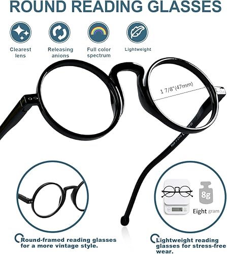 Miniatura 33 de BLUELESS Vintage Round Reading Glasses Professor Readers (Brown Tortoise, +0.50)