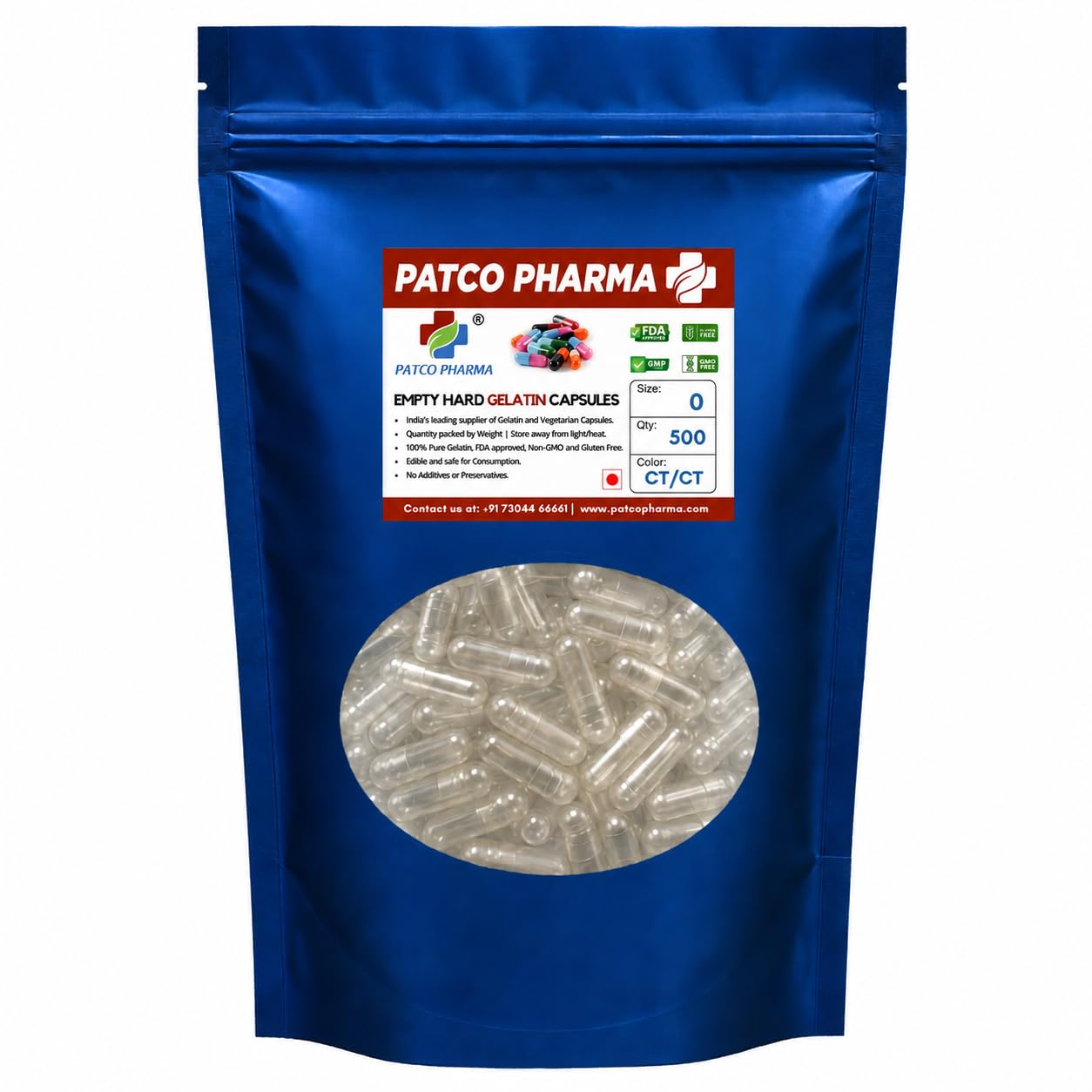 Patco Pharma - Size 0 Transparent Empty Hard Gelatin Pill Capsule (Pack of 500) 500mg