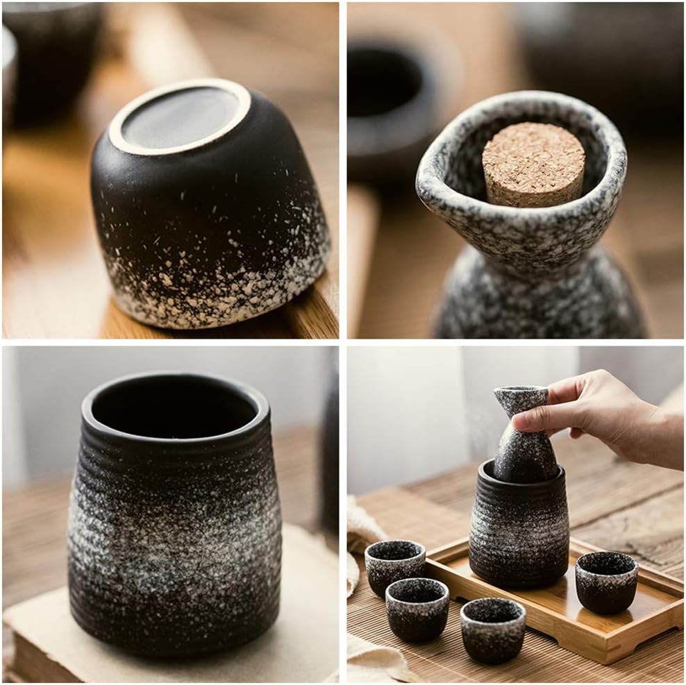 6 Pcs Japanese Sake Set with Warmer Environmentally Friendly Ceramic Material High Temperature Baking Non-Toxic and Tasteless Non-Fading