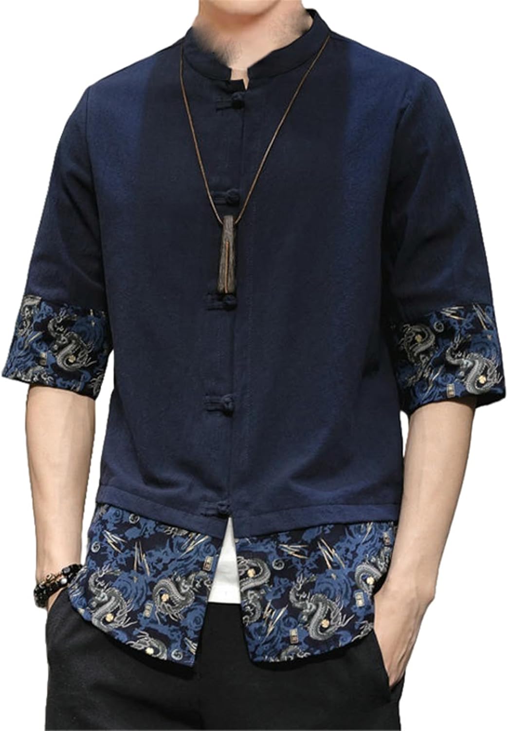 Men's Chinese Style Cotton Linen Solid Color Summer Frog Buttons Short Sleeve Stand Collar Three Quarter Blouse