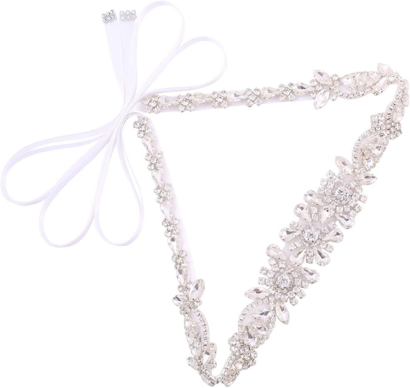 Rhinestone Bridal Belts Handmade Thin Crystal Pearl Wedding Dress Belt Shiny Bridesmaid satin ribbon belt for dresses (Sliver,White)