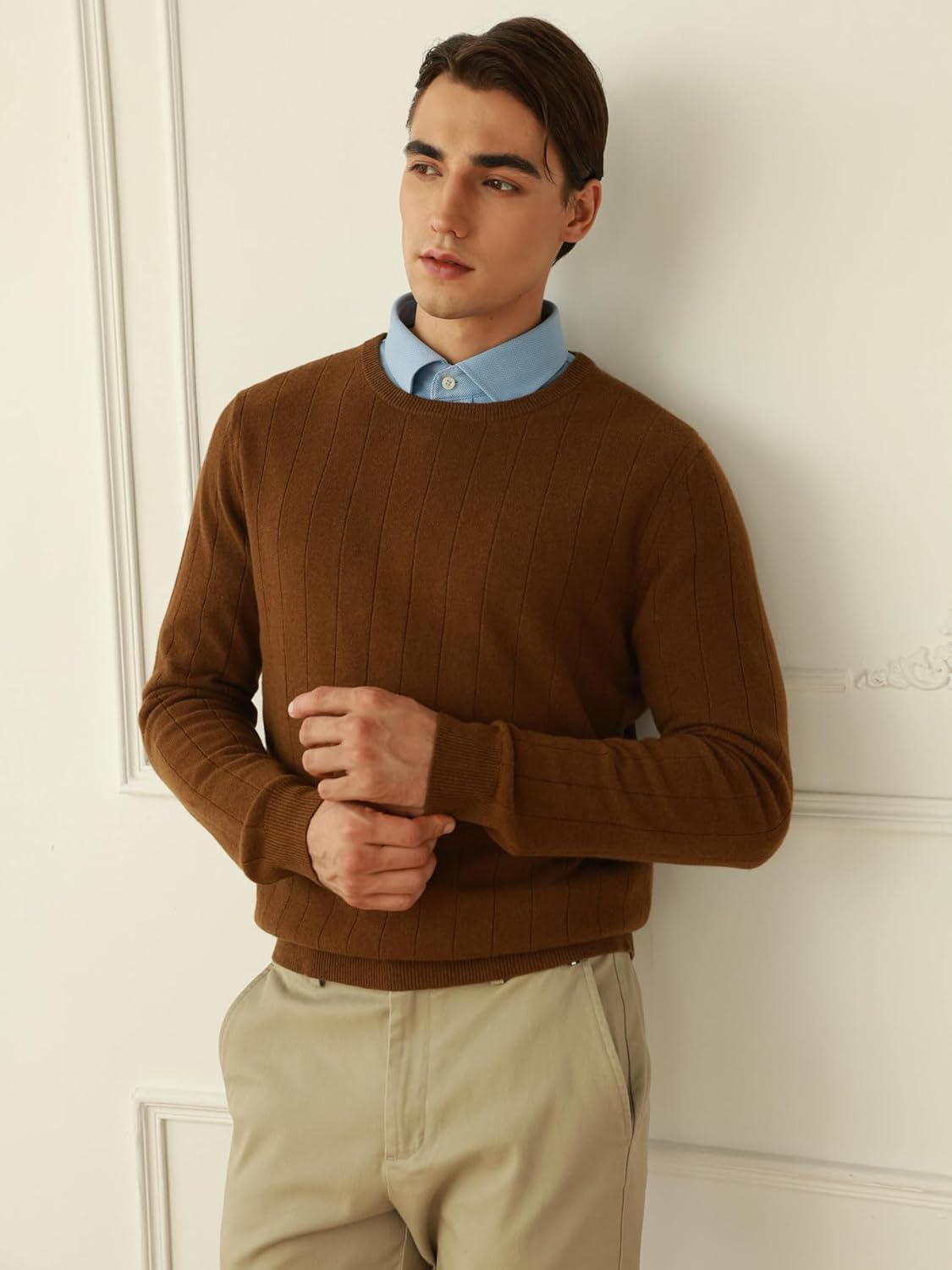 Crew Neck 100% Merino Wool Sweater for Men Pullover Ribbed Casual Fitted Long Sleeve Knit Tops Caramel Size XL - Image 3