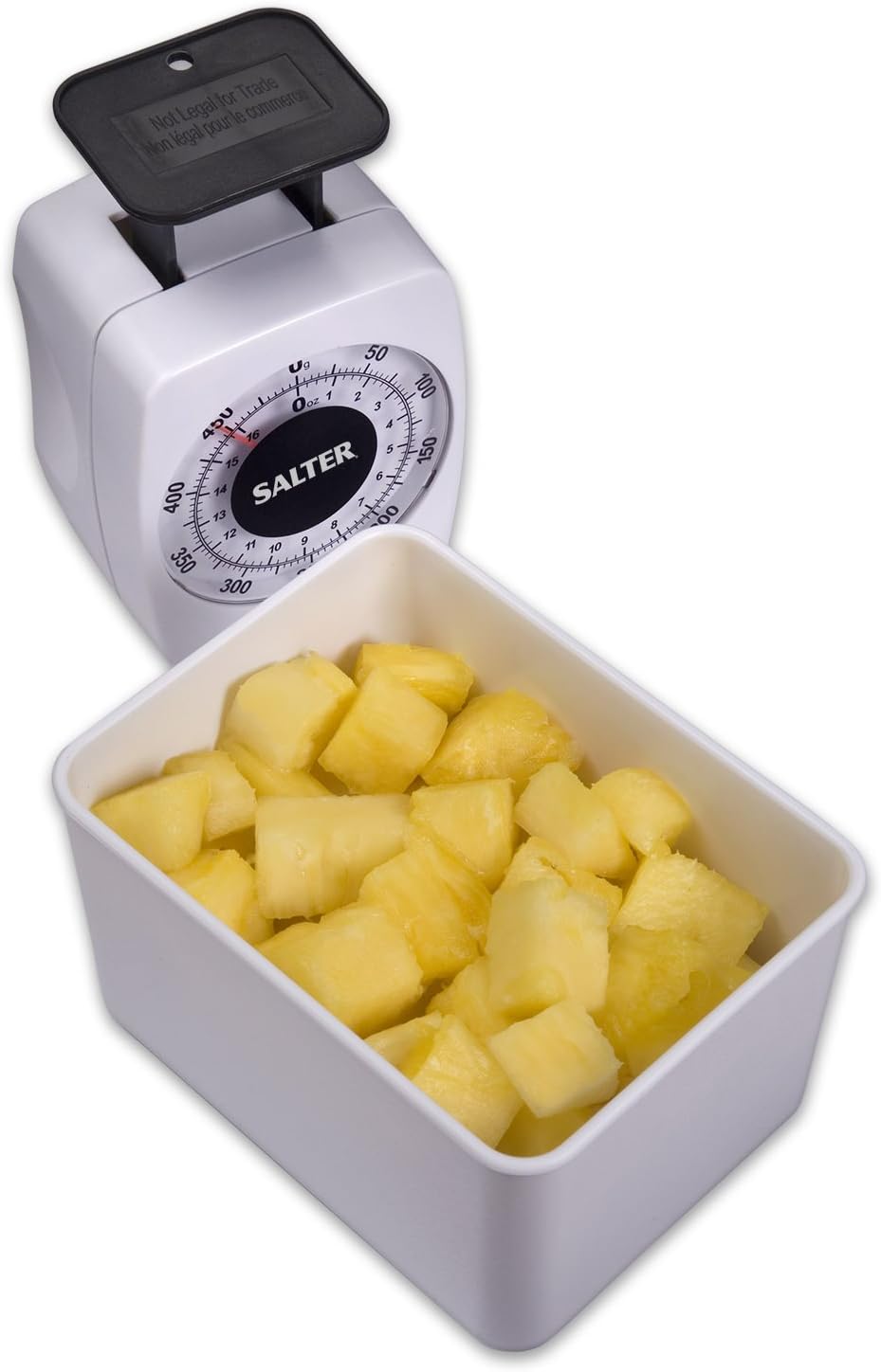Salter Mechanical Diet Scale with weighing container and pineapple pieces