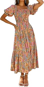 ZESICA Women's 2023 Summer Boho Floral Print Square Neck Ruffle Swing Beach Long Maxi Dress