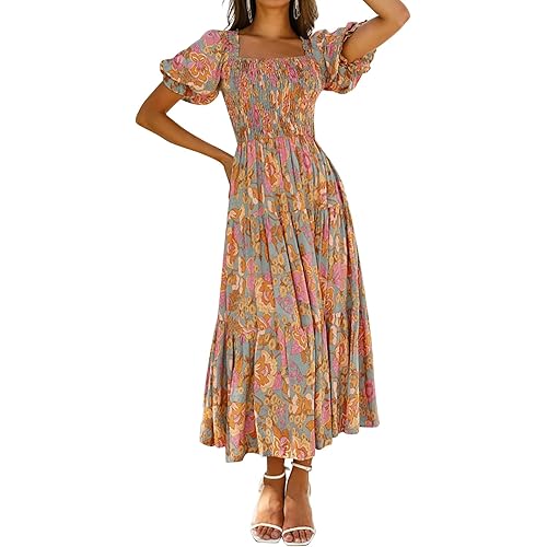ZESICA Women's 2024 Summer Boho Floral Print Square Neck Ruffle Swing Beach Long Maxi Dress