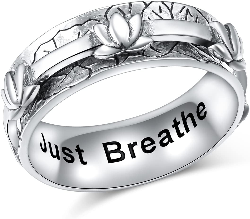 FLYOW Fidget Relieve Rings 925 Sterling Silver Just Breathe Lotus Anxiety Spinner Ring Worry Stress Relieving Boredom ADHD Autism Ring Platinum Plated Jewelry Birthday Christmas Gifts for Women